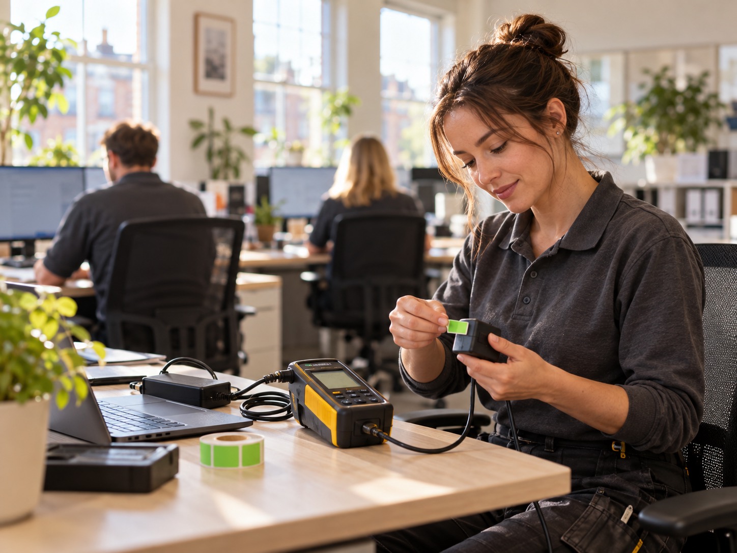 An electrician PAT testing a laptop charger at a desk in a small office