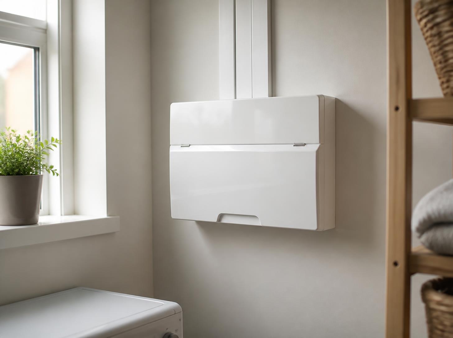 A newly fitted white consumer unit with tidy cable trunking in a utility room