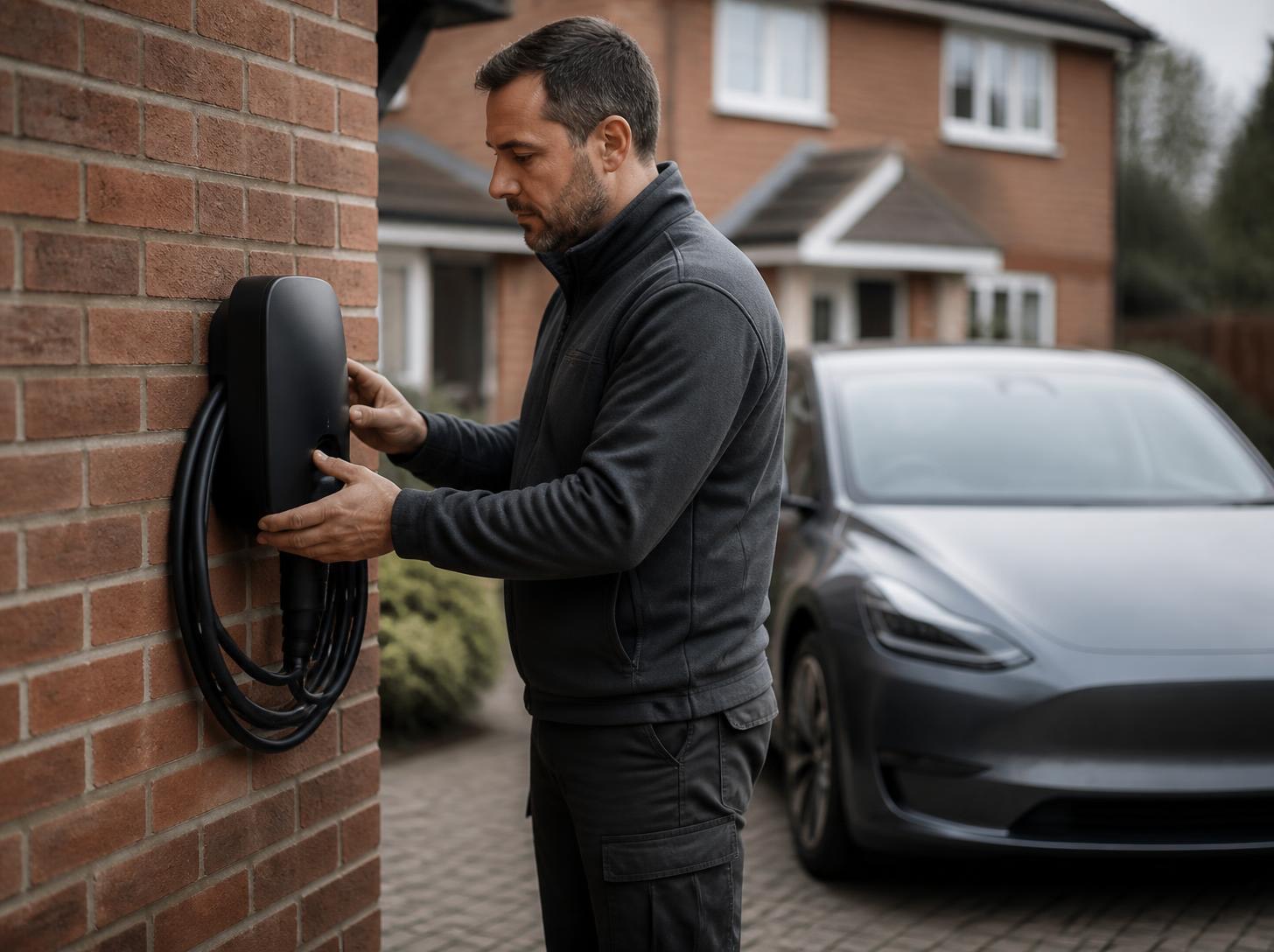 An electrician fitting a wall-mounted car charger on a brick house