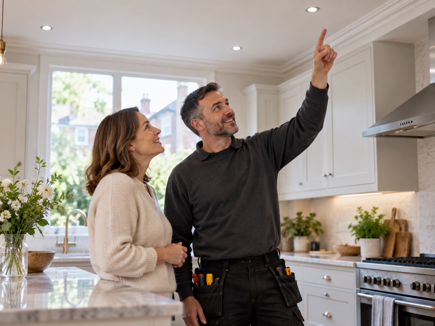 An electrician showing a homeowner the new downlights in her kitchen