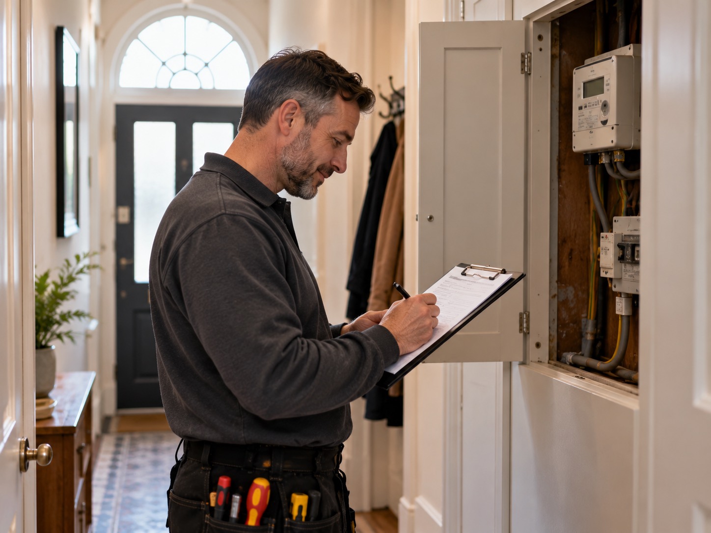 An electrician filling in an inspection report beside the meter cupboard of a rented flat