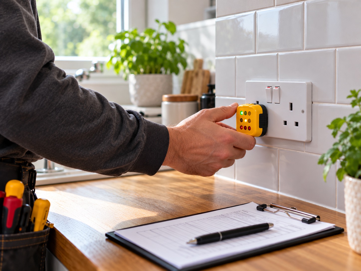 An electrician plugging a socket tester into a double socket
