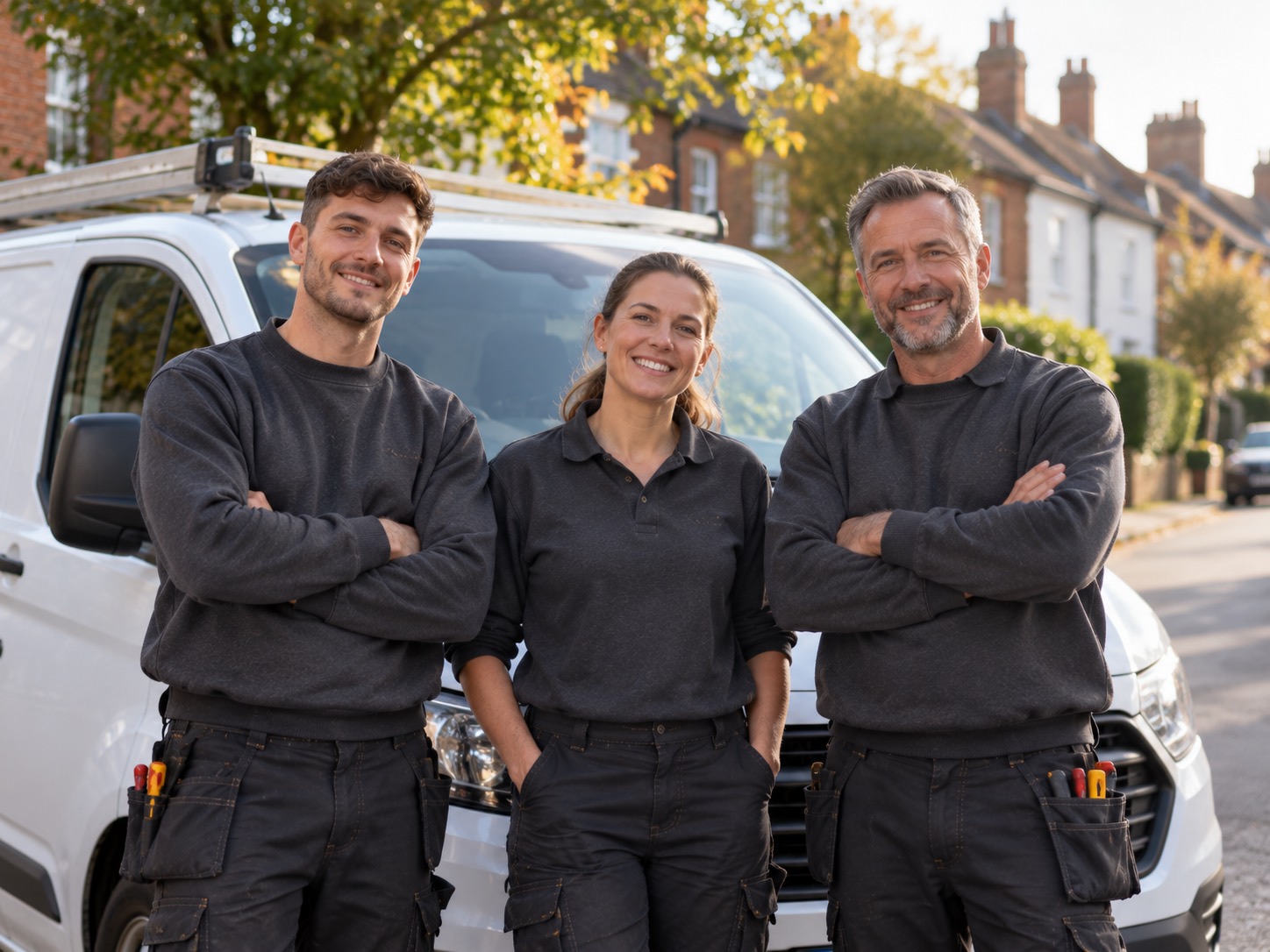 The McOwen Donald Electrical team standing in front of their van on a residential street