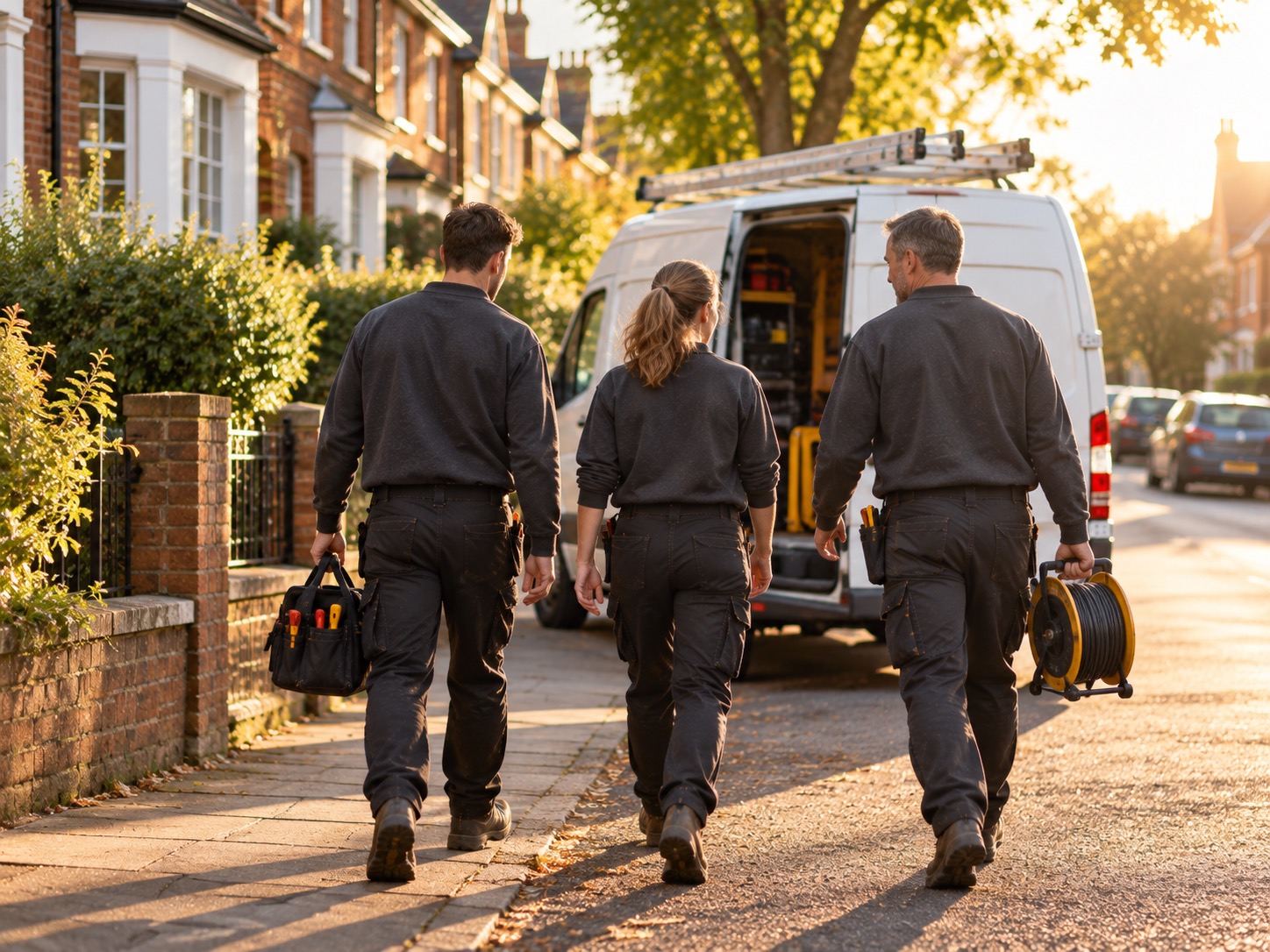 Three electricians walking towards their van on a residential street at golden hour