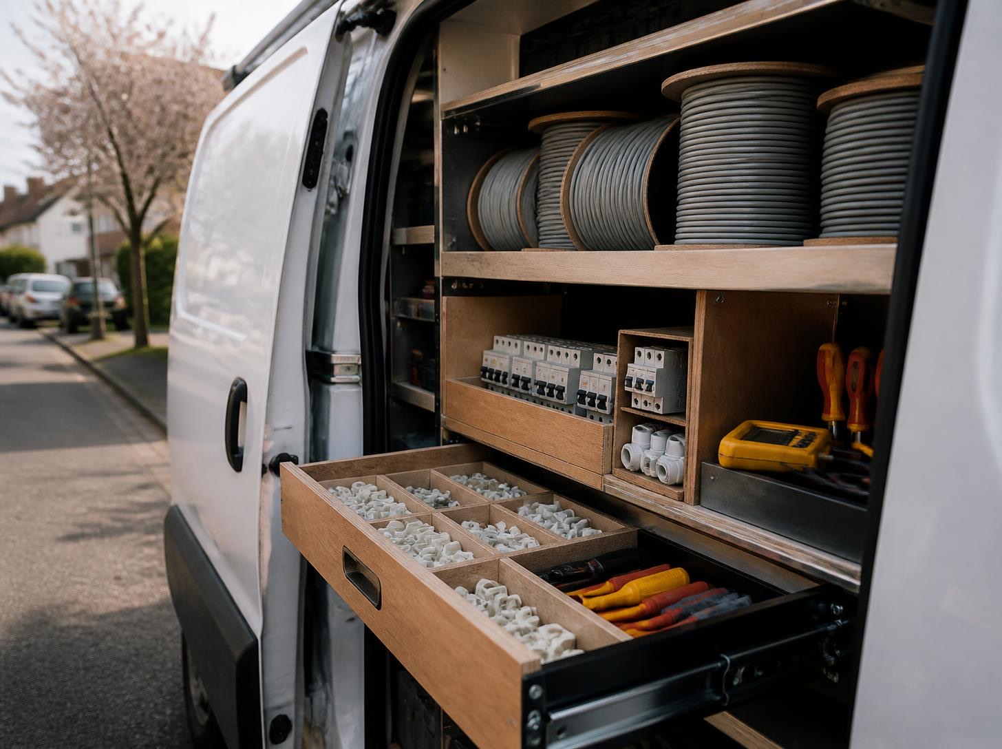 A van stocked with cable, circuit breakers and test equipment